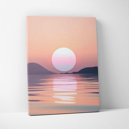 Canvas wall art featuring minimalist digital design of a large white sun setting over soft pink and purple sea with smooth.