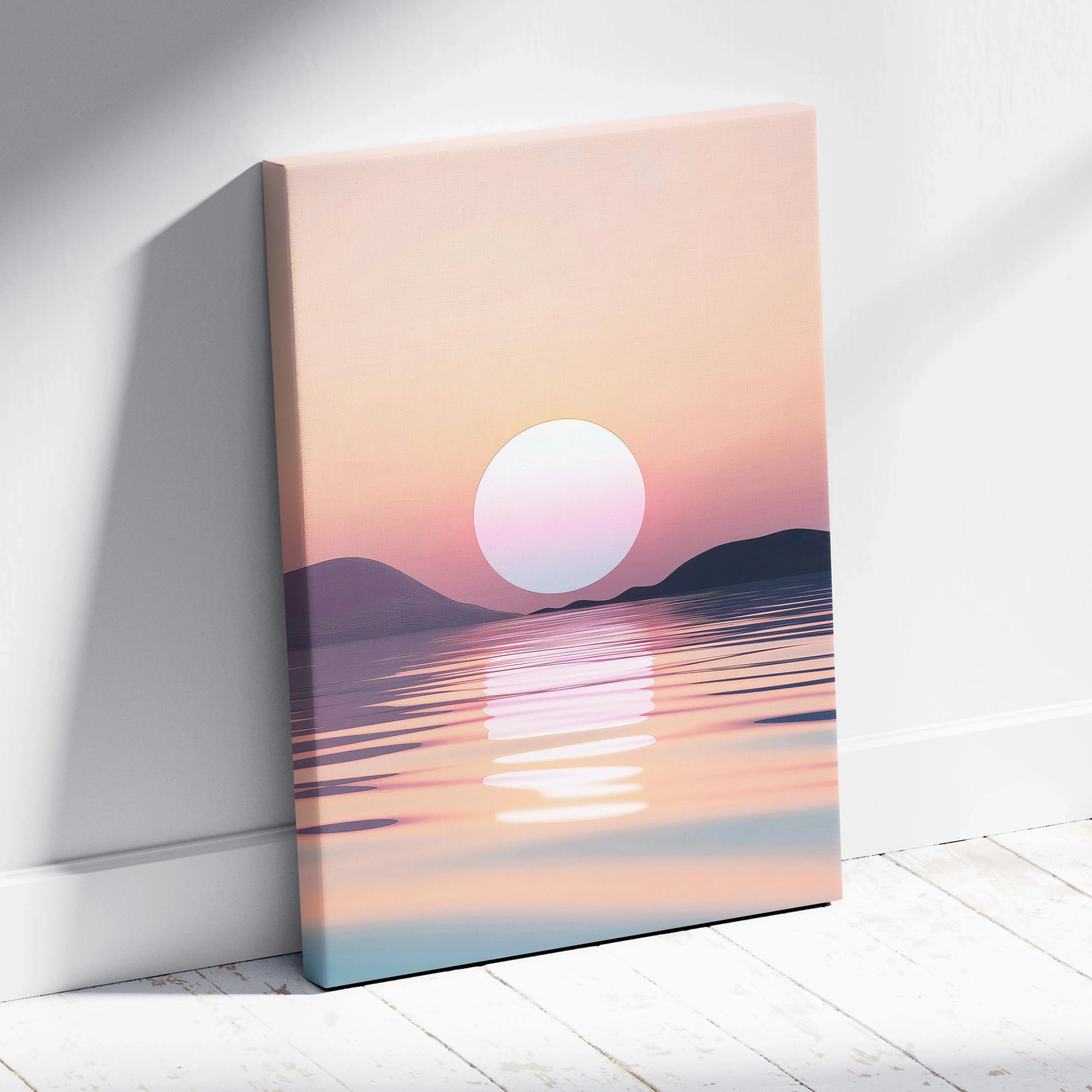 Minimalist canvas wall art with serene pink and orange sunset over calm sea and silhouetted hills decor.