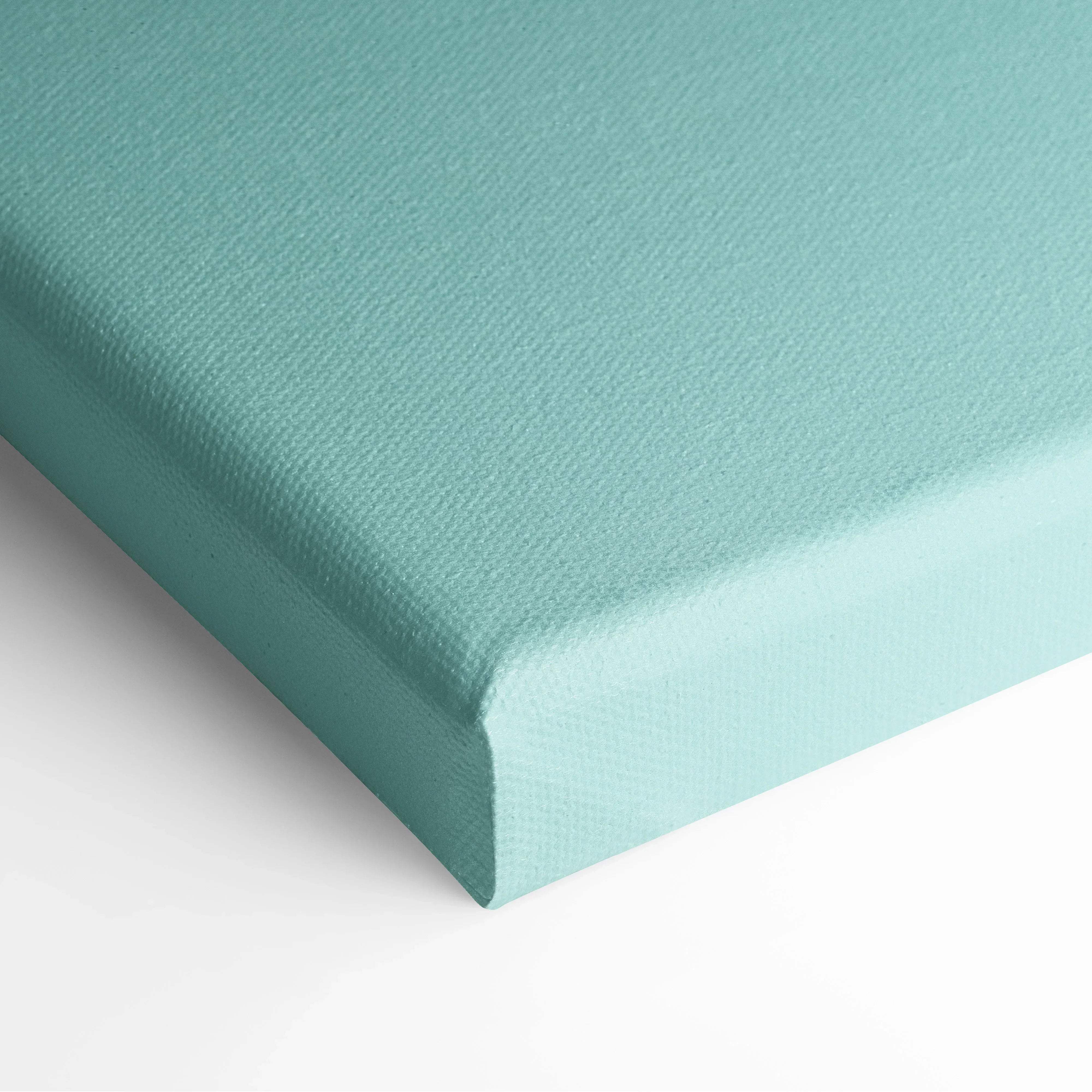 Teal sky modern minimalist architecture canvas wall art with orange facade on textured woven teal canvas surface