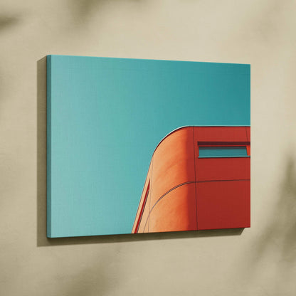 Canvas wall art featuring vibrant red modern architecture against a clear blue sky.