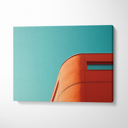 Minimalist canvas wall art featuring curved orange architecture against a clear blue sky.