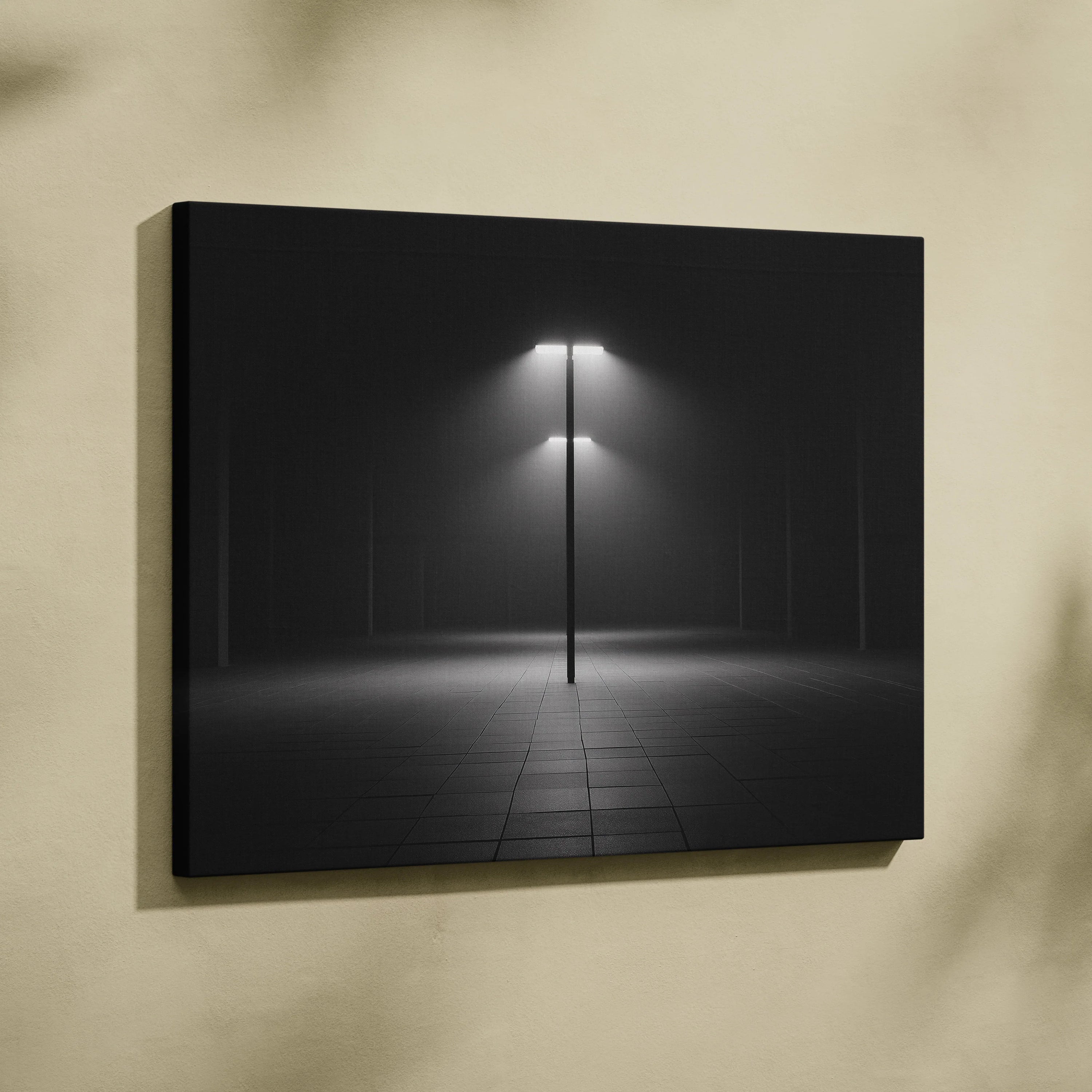 Minimalist black canvas wall art featuring a solitary light post illuminating a dark, empty wilderness decor scene.