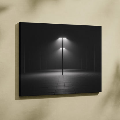 Minimalist black canvas wall art featuring a solitary light post illuminating a dark, empty wilderness decor scene.