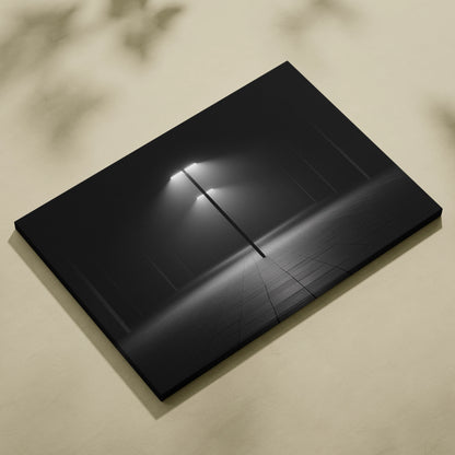 Minimalist black and white canvas wall art featuring a solitary light post in a foggy wilderness decor piece.