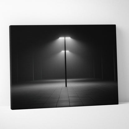 Minimalist black and white canvas wall art featuring solitary illuminated light posts in a foggy wilderness landscape decor.