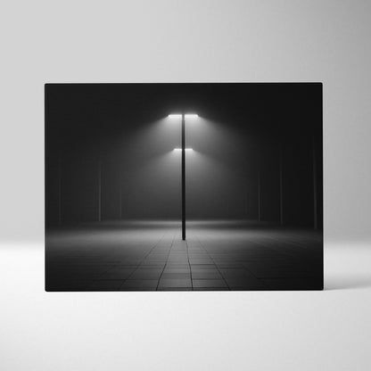 Minimalist black and white canvas wall art featuring solitary light posts in a foggy wilderness landscape for modern decor.