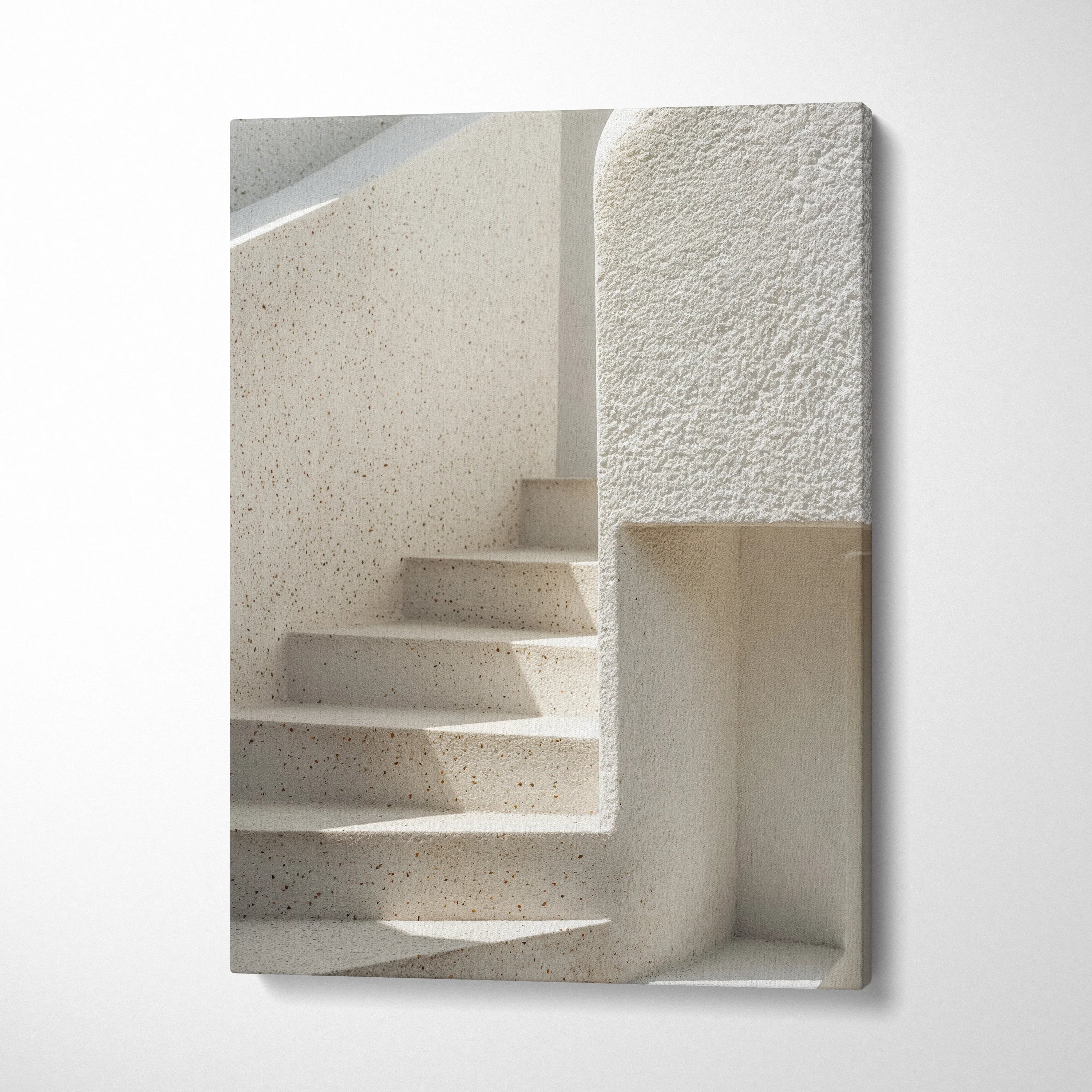 Minimalist white stairs canvas wall art with textured surfaces for modern home decor.