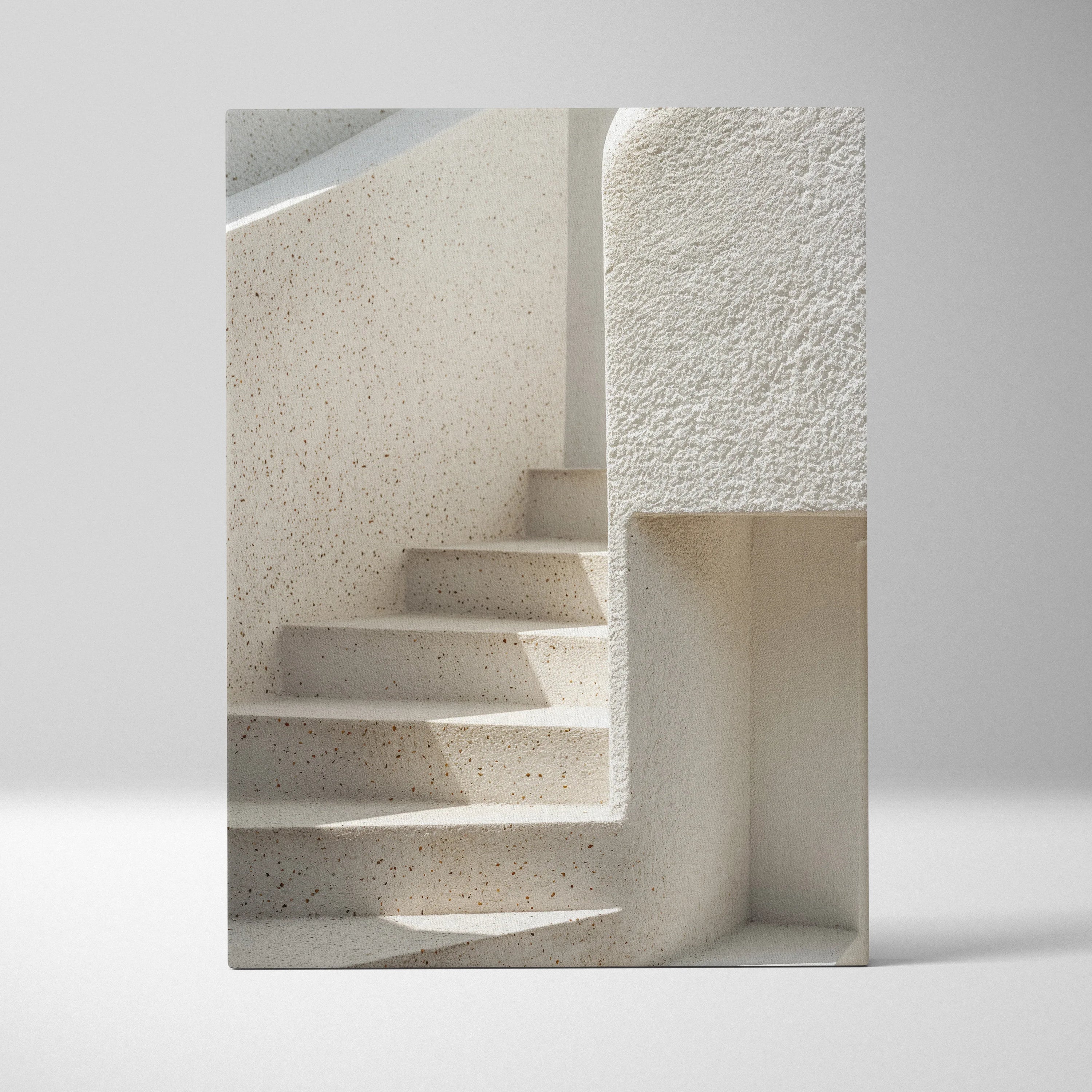 Modern minimalist white stairs digital art canvas wall decor with textured shadows.