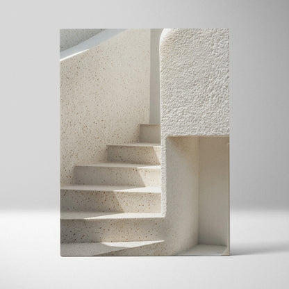 Modern minimalist white stairs digital art canvas wall decor with textured shadows.