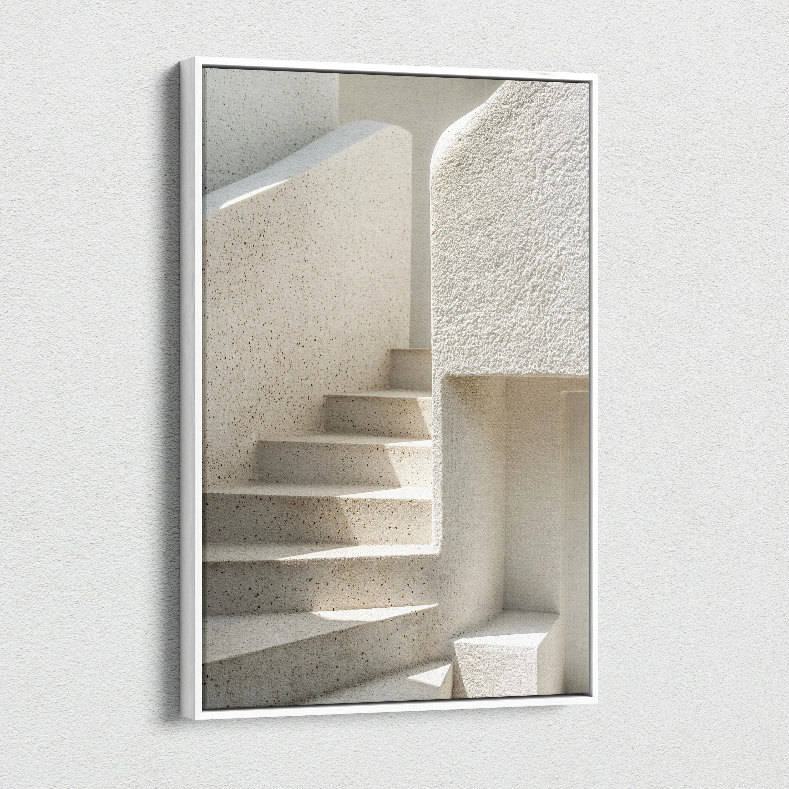 Minimalist digital art canvas print featuring textured white stairs with soft shadows for modern wall decor.