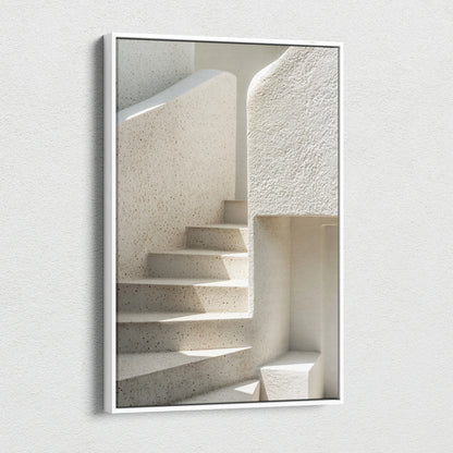 Minimalist digital art canvas print featuring textured white stairs with soft shadows for modern wall decor.