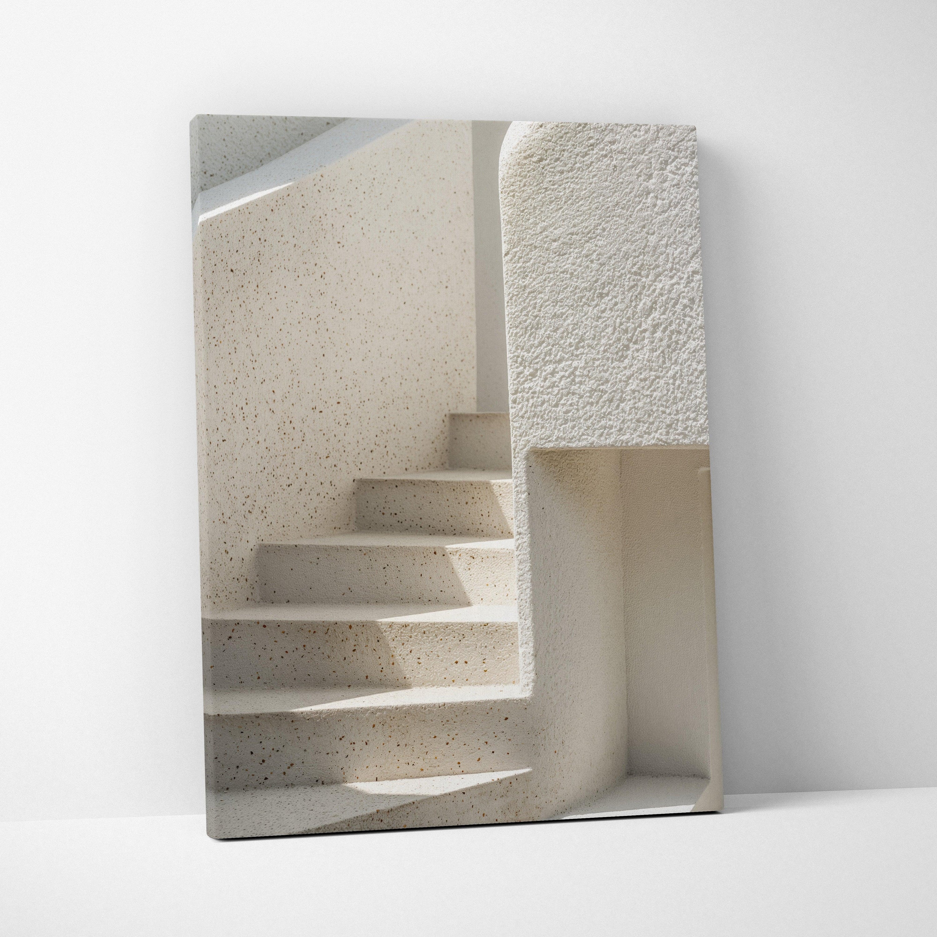Minimalist digital art canvas print featuring textured white stairs against a smooth white wall for modern decor.