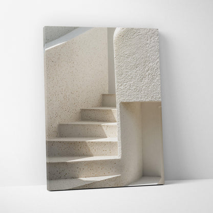 Minimalist digital art canvas print featuring textured white stairs against a smooth white wall for modern decor.