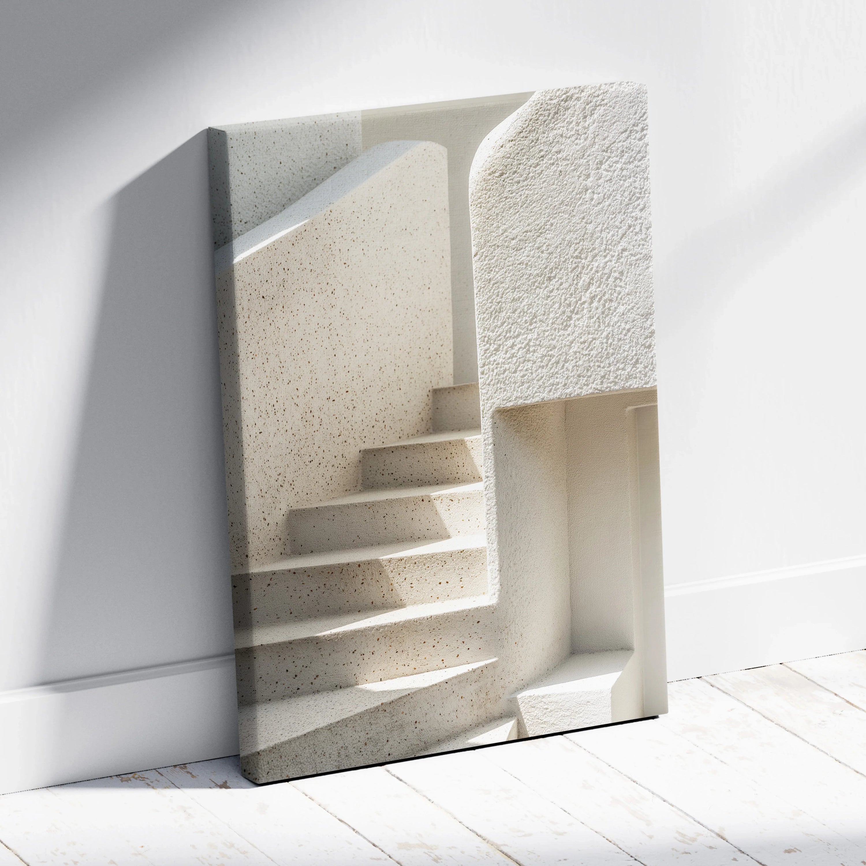 Modern minimalist white stairs canvas wall art with textured surfaces and soft shadows for home decor.