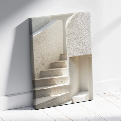 Modern minimalist white stairs canvas wall art with textured surfaces and soft shadows for home decor.
