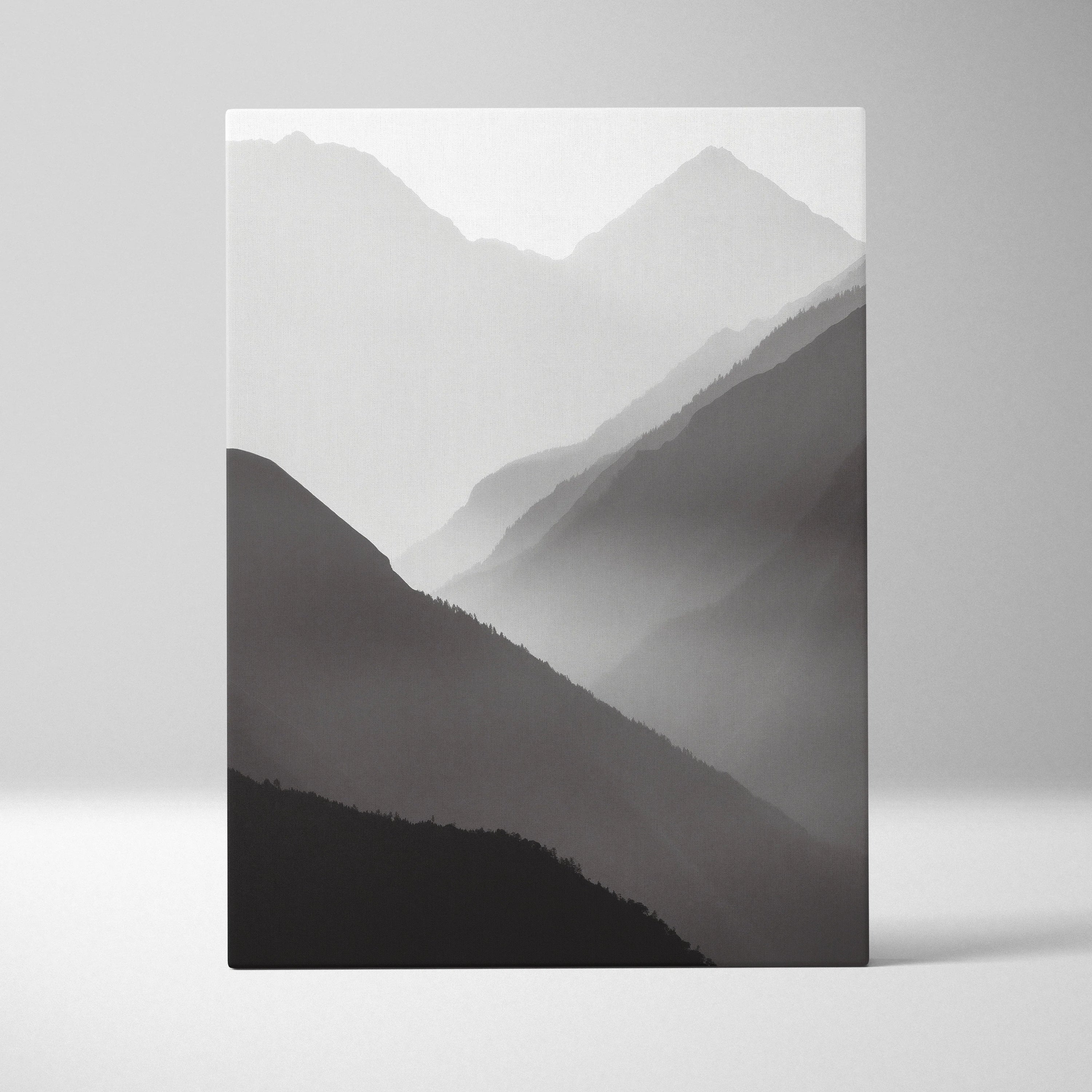 Minimalist black and gray mountain mist canvas wall art for modern decor.