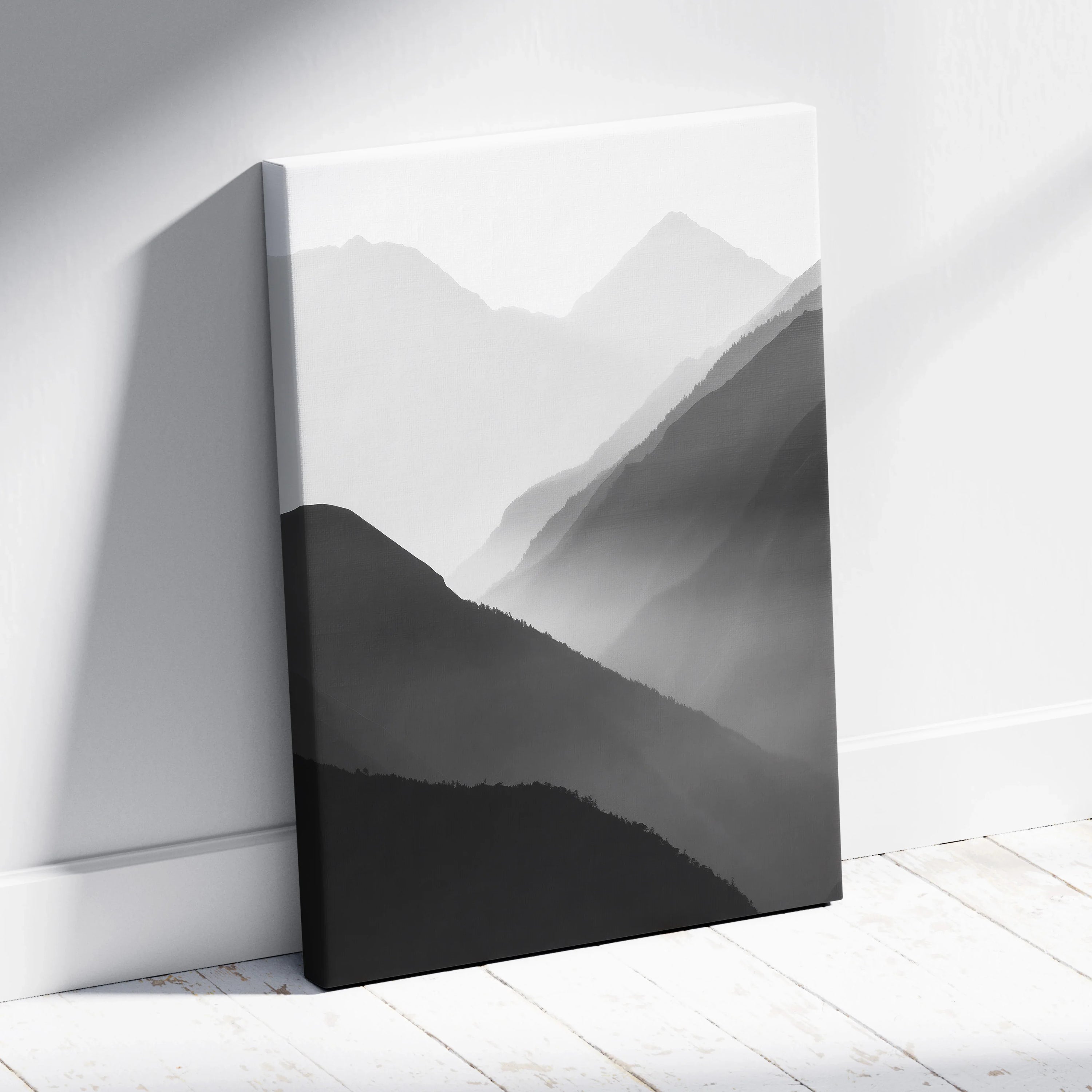 Black and gray minimalist mountain landscape digital art printed on canvas, perfect wall decor.