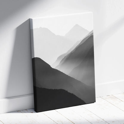 Black and gray minimalist mountain landscape digital art printed on canvas, perfect wall decor.