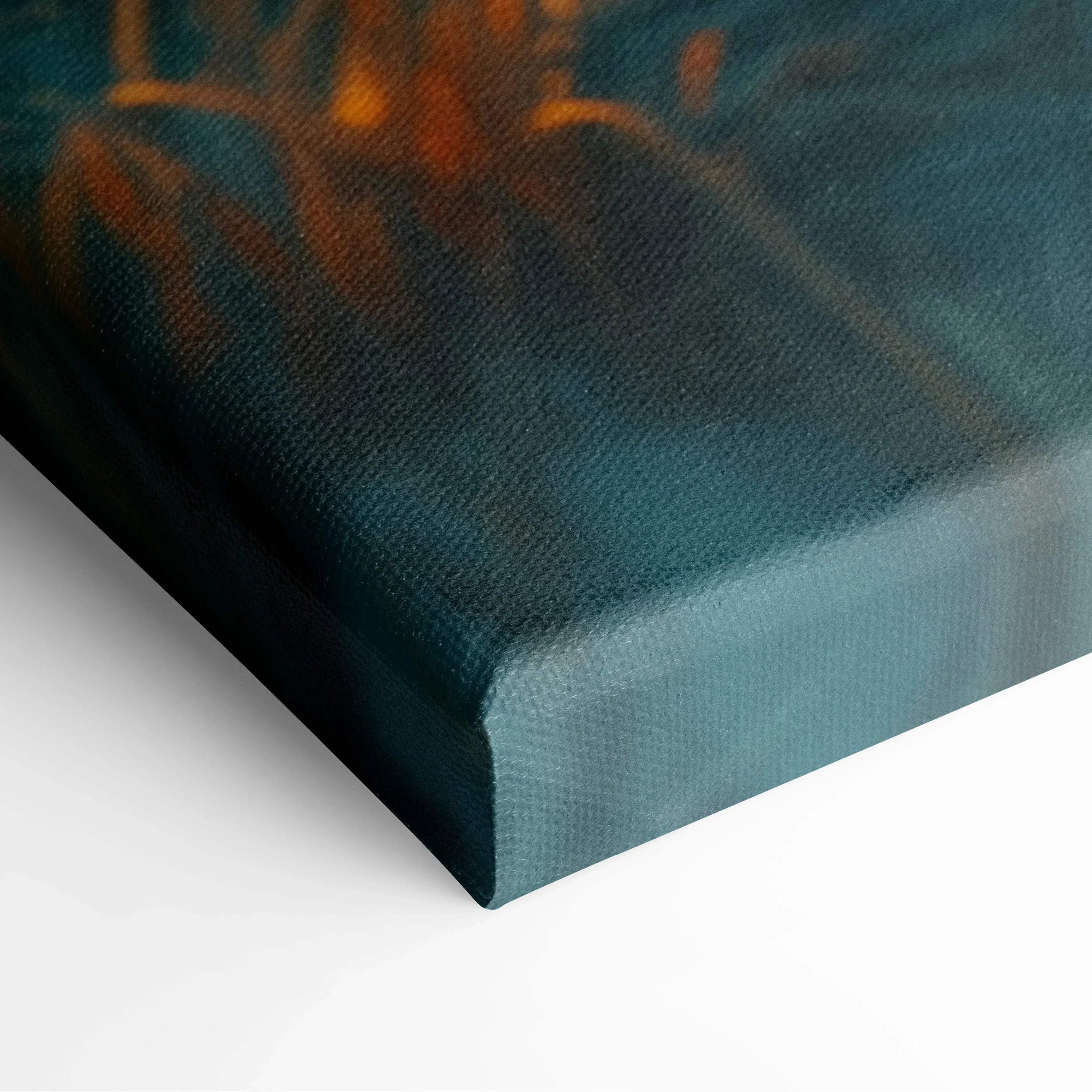 Corner view of stretched canvas wall art featuring abstract dark blue and orange architectural digital design.