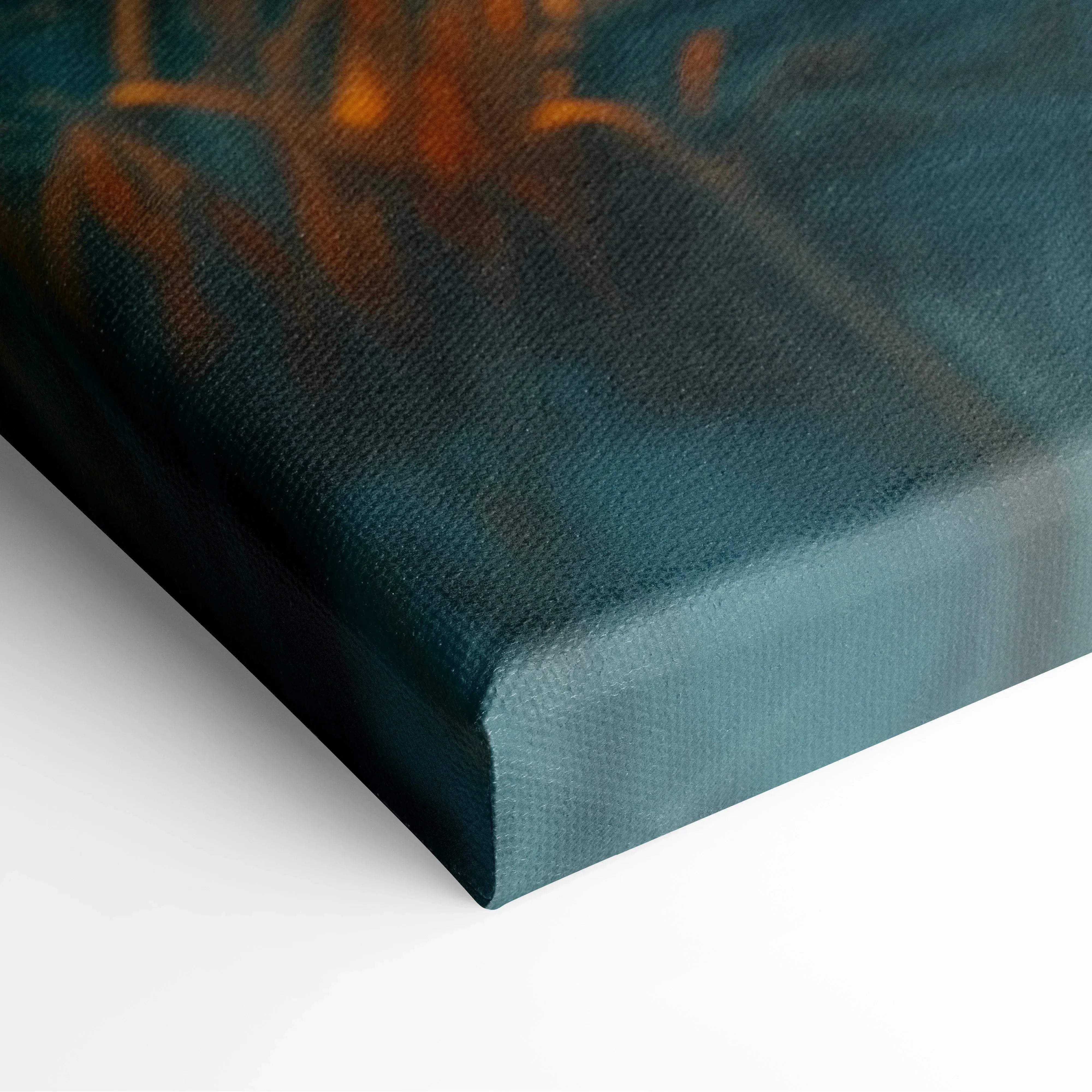Modern architecture canvas wall art featuring a teal textured surface with warm orange abstract brushstrokes and sunset lighting