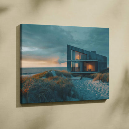 Canvas wall art featuring modern architectural building at sunset with blue and orange tones.