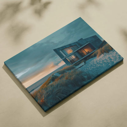 Modern house with large windows on canvas wall art, featuring cool blue and orange tones in a coastal landscape.