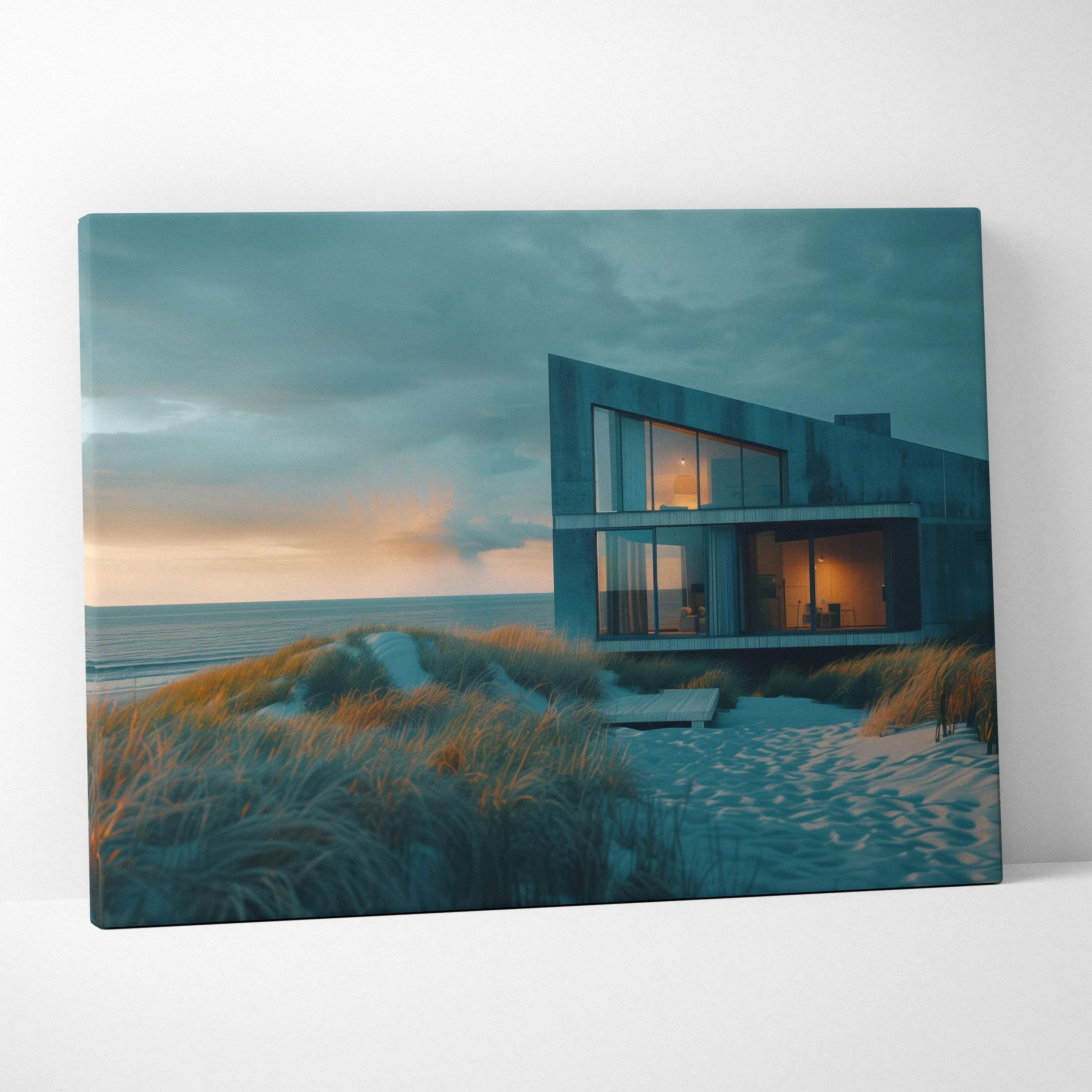 Canvas wall art featuring modern angular building with large windows by a beach at dusk in moody blue and orange tones.
