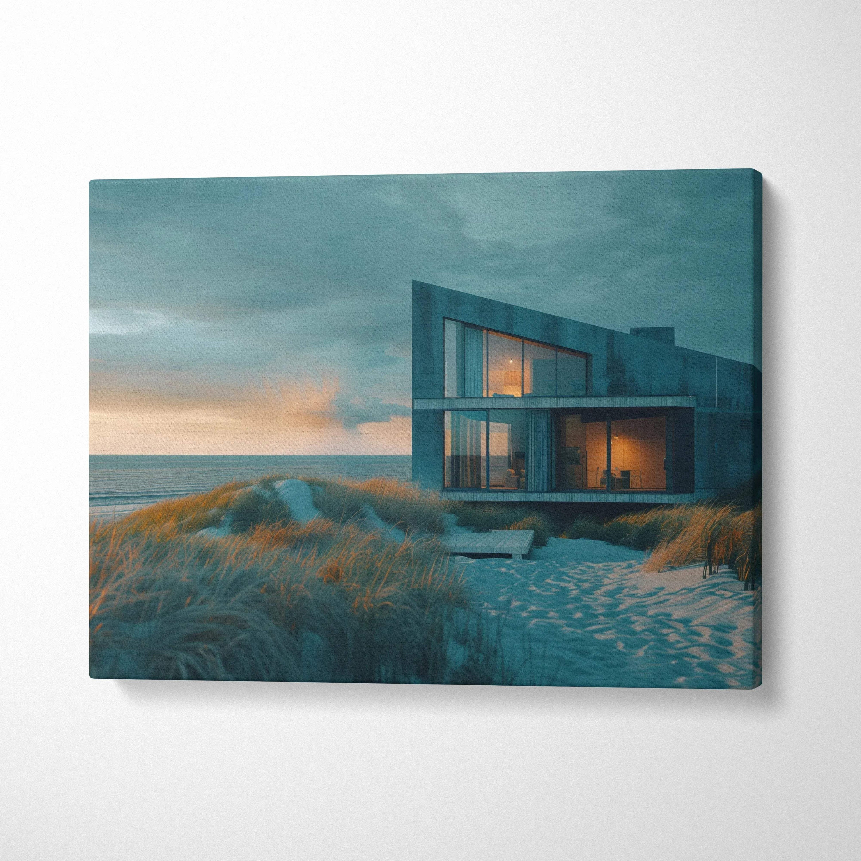 Modern architectural building at dusk with lit interior on canvas wall art.