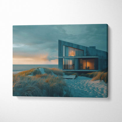 Modern architectural building at dusk with lit interior on canvas wall art.