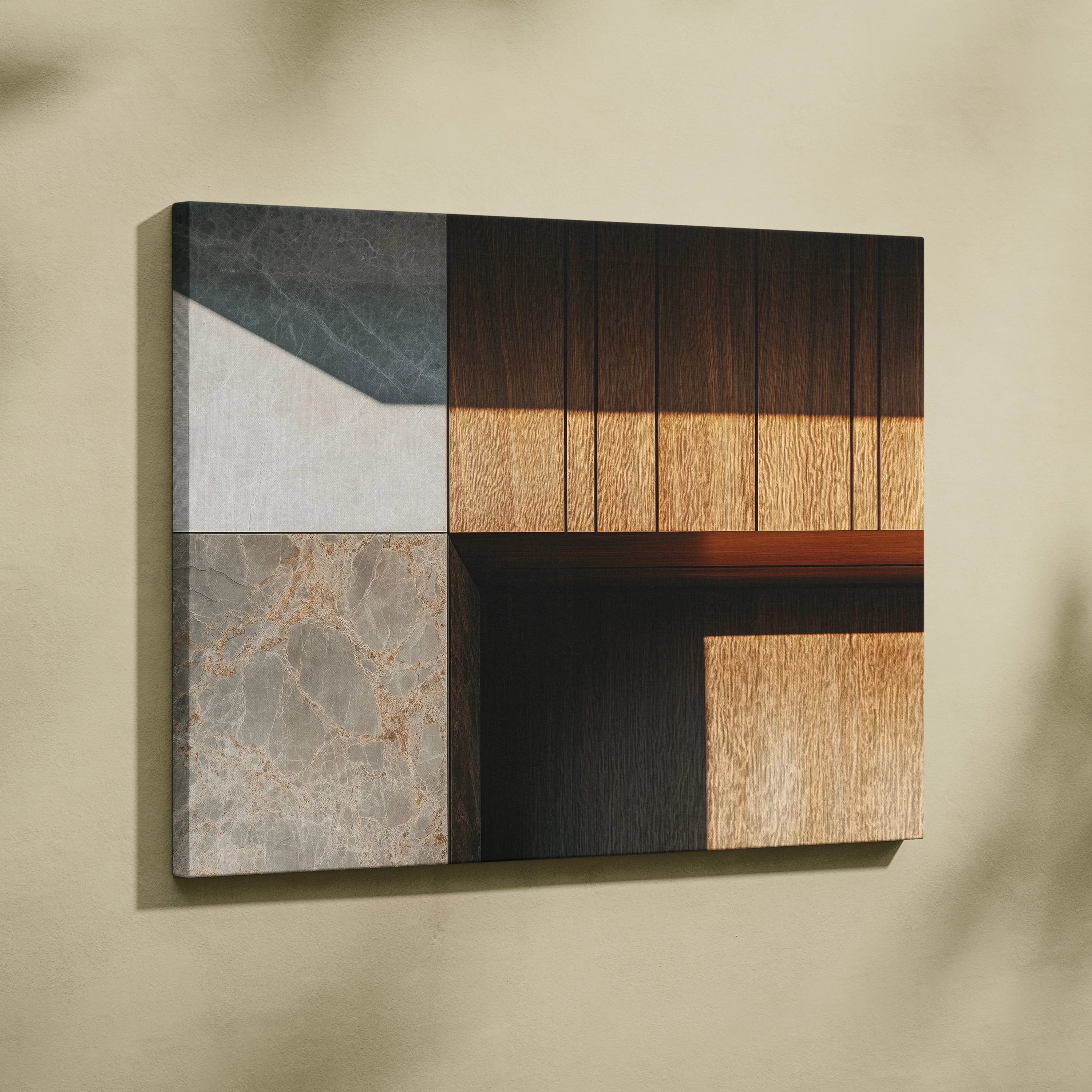 Minimalist forest theme canvas wall art with geometric wood and stone textures, modern decor.