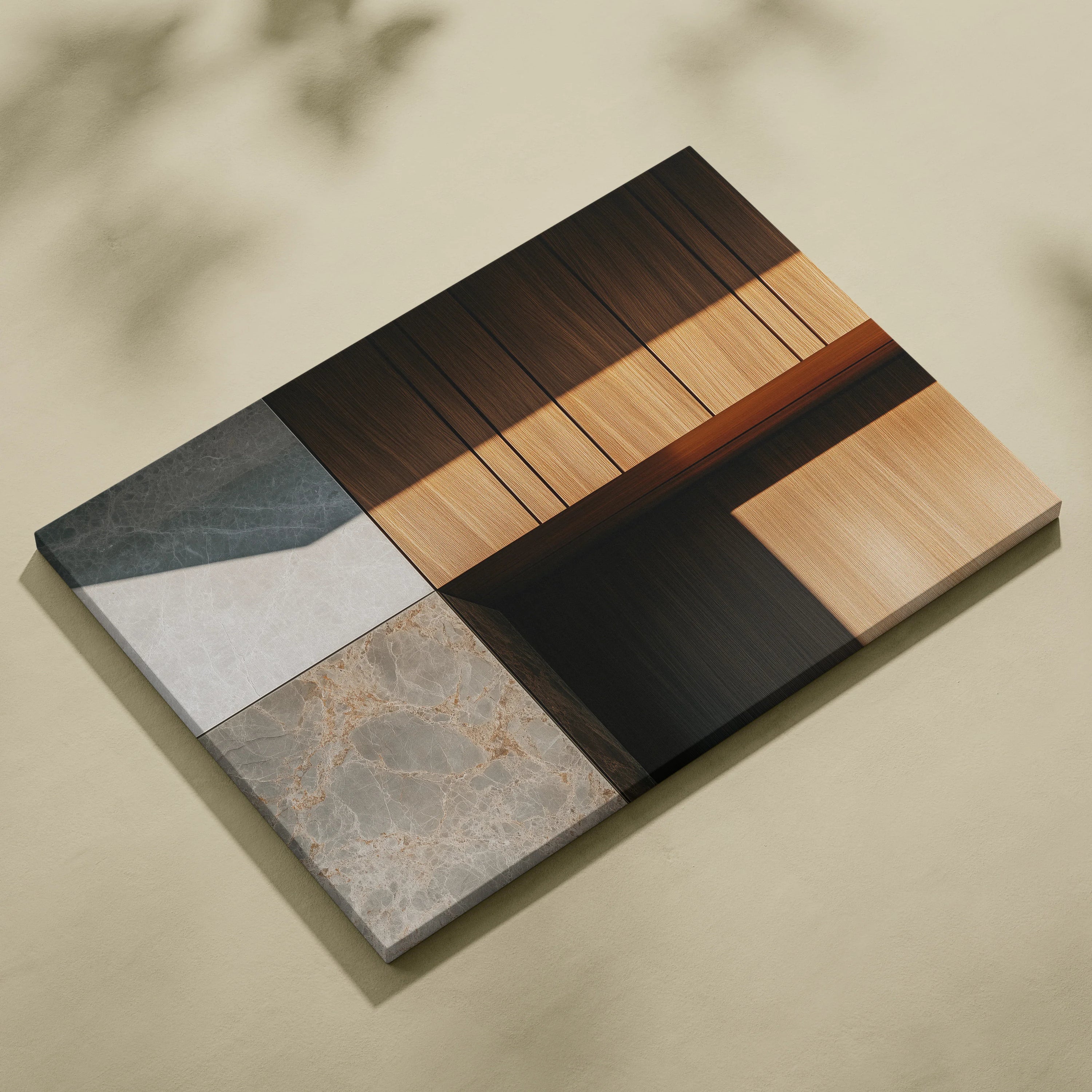 Abstract geometric canvas wall art with wood, stone, and shadow textures in neutral tones.