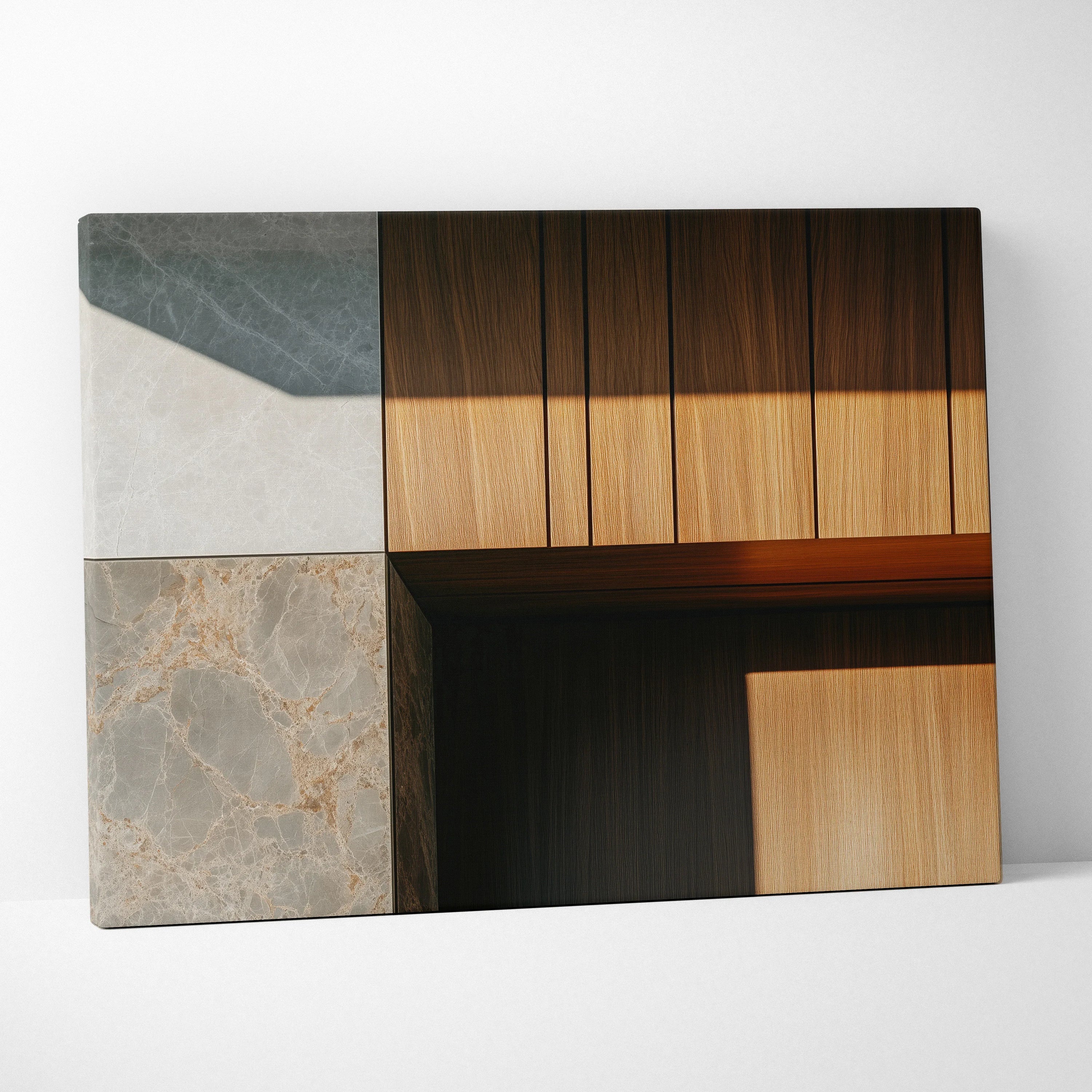 Minimalist forest theme canvas wall art with geometric wood and stone texture decor in neutral tones.