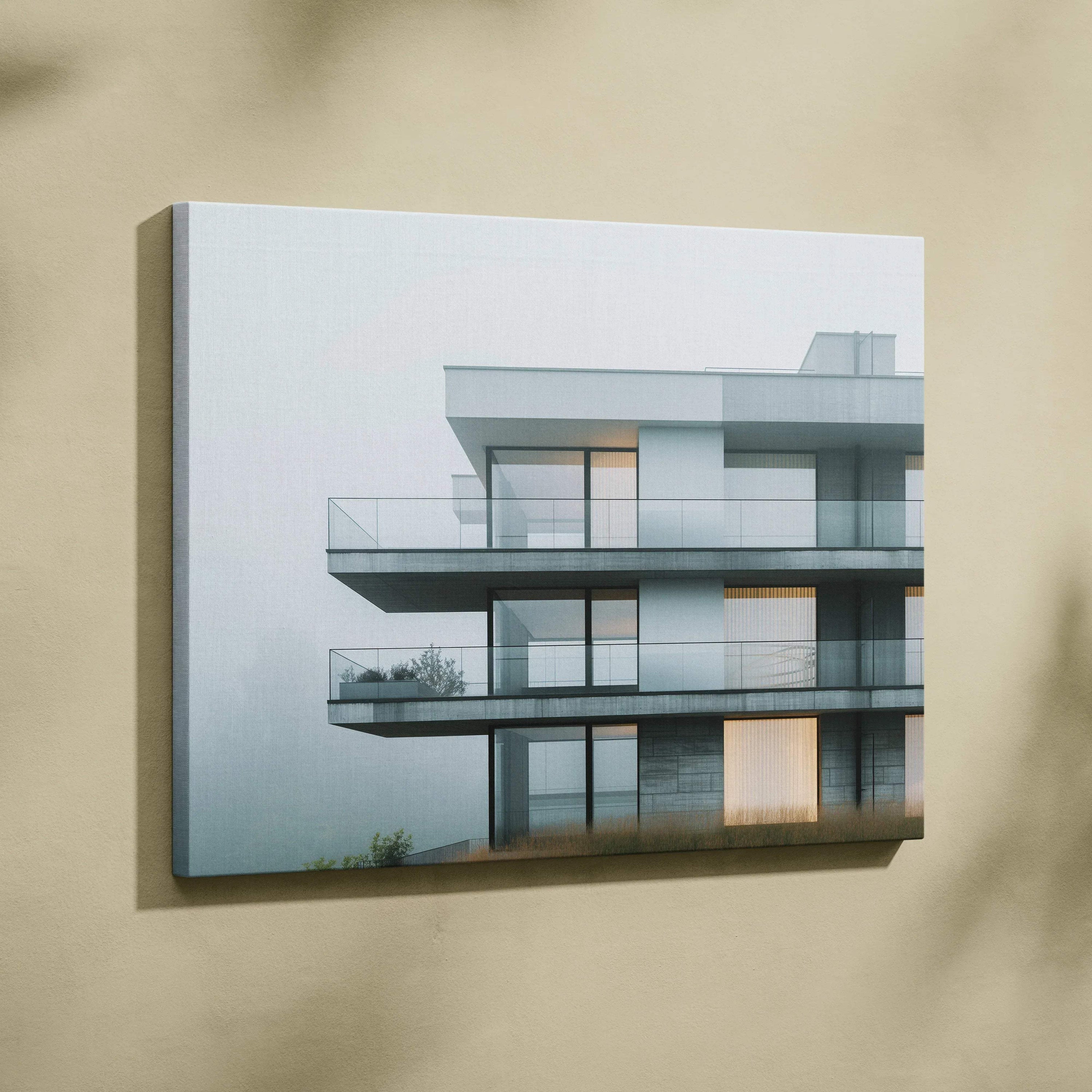 Modern building architectural design printed on canvas wall art with muted tones and clean lines.