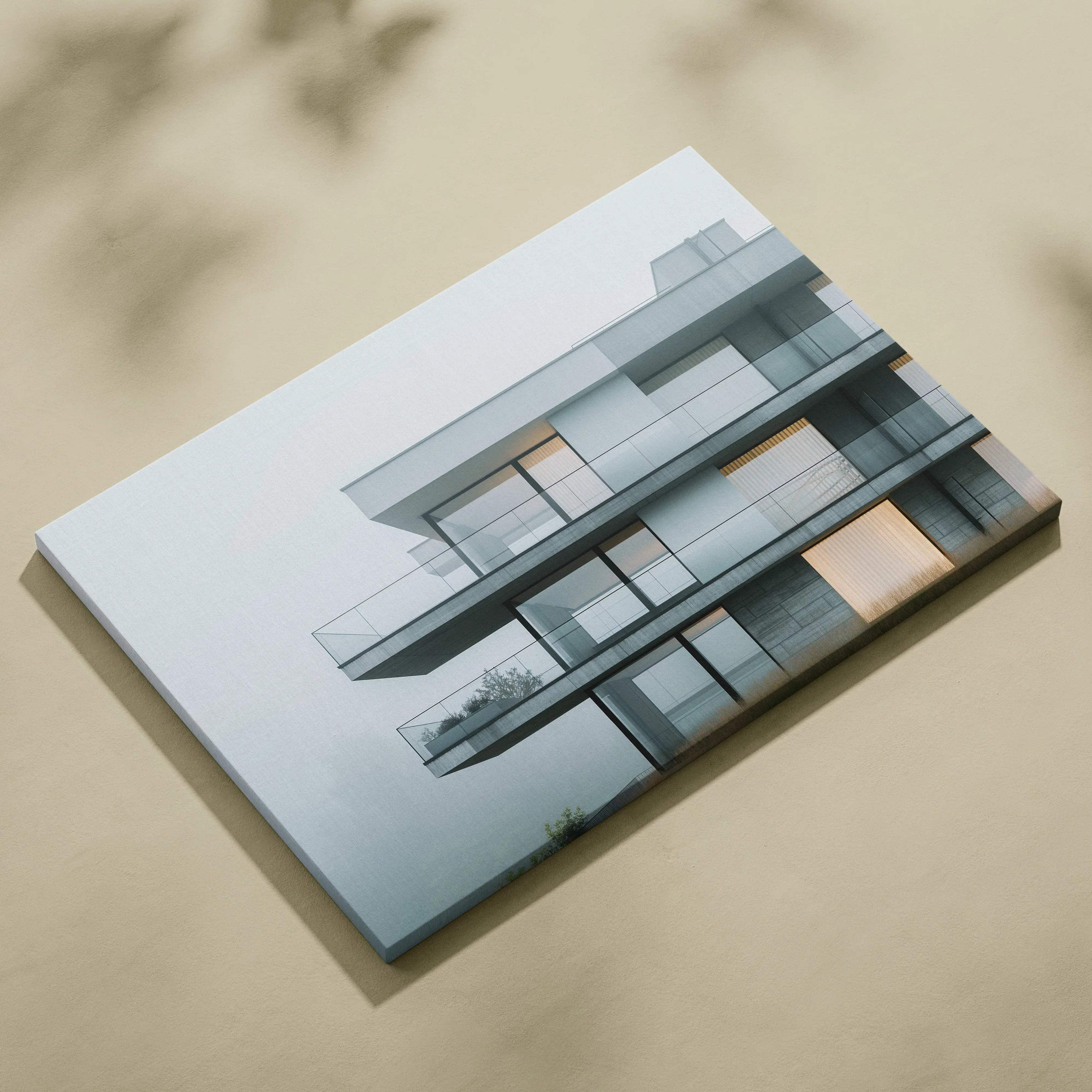 Modern architectural building design printed on a stretched canvas wall art with muted gray and beige tones.