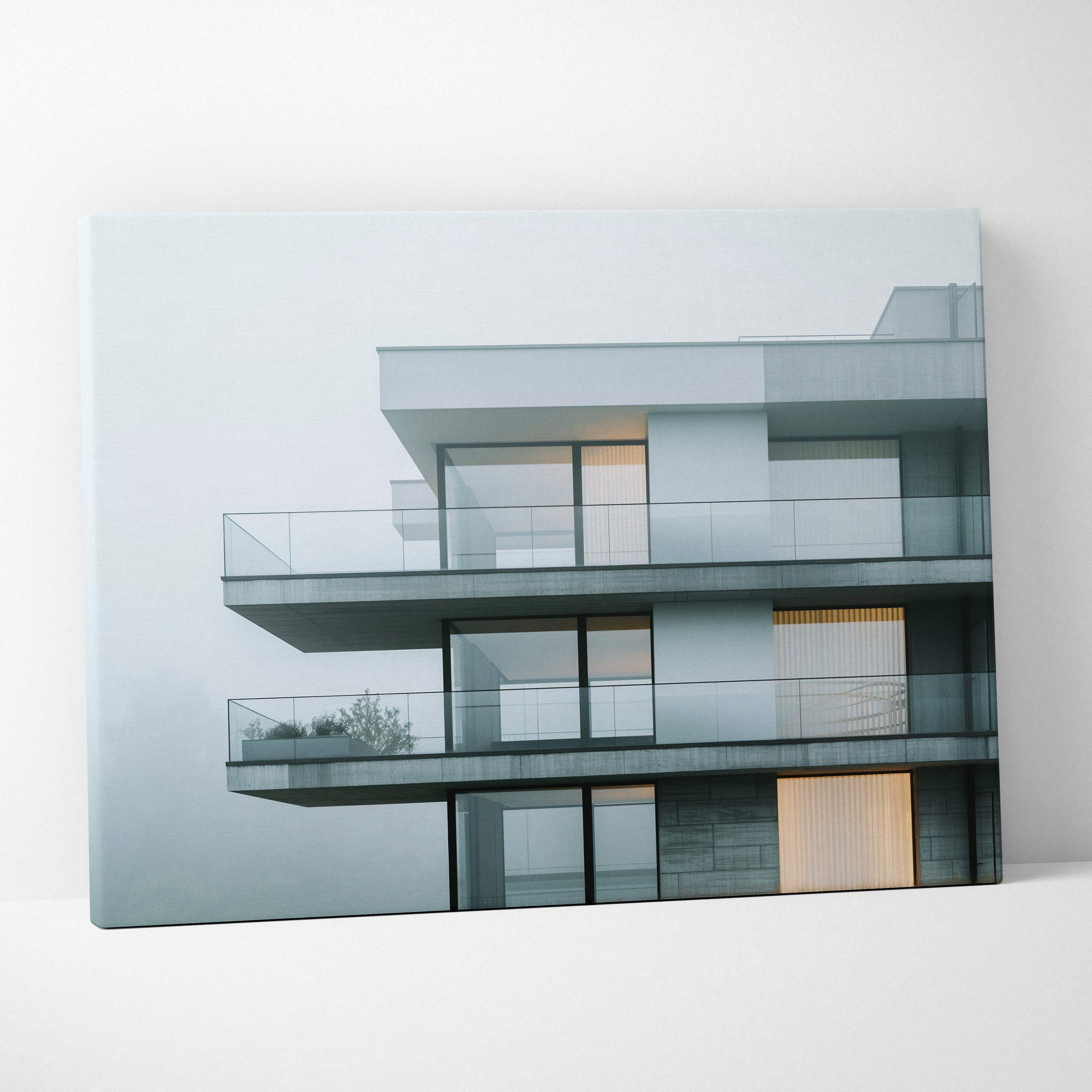 Canvas wall art featuring modern architectural building with gray balconies and reflective glass windows.