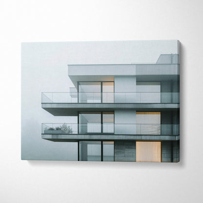 Modern apartment building architecture wall art canvas print with muted tones and soft lighting.