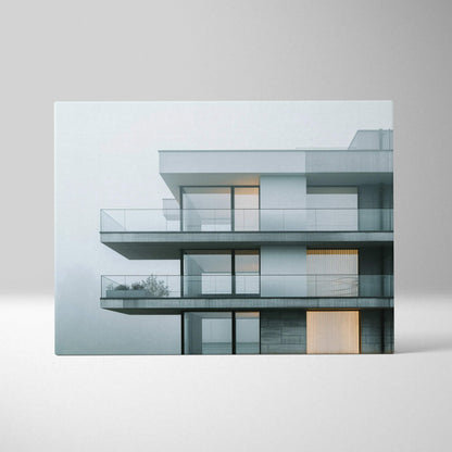 Minimalist canvas wall art featuring modern gray building architecture with glass balconies and warm interior lighting.