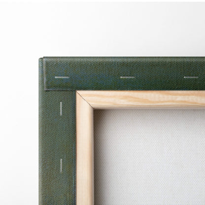 Mona Lisa by Leonardo da Vinci in dark green textured canvas frame with light wood border