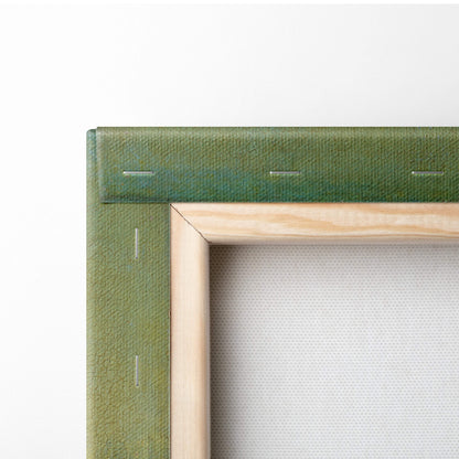 Mona Lisa by Leonardo da Vinci in olive green textured canvas frame with light wood border