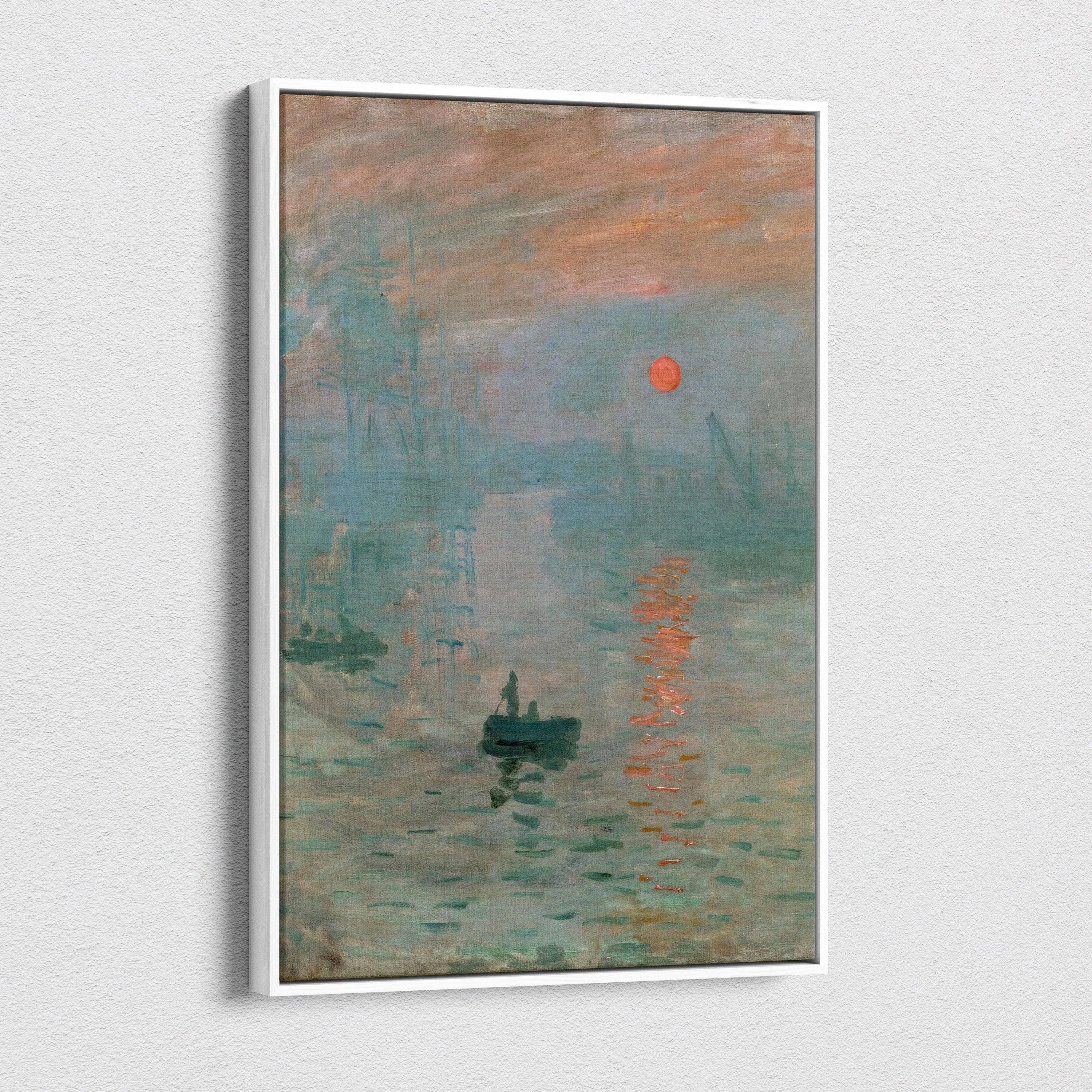 Framed Impression Sunrise by Claude Monet with peach teal hues