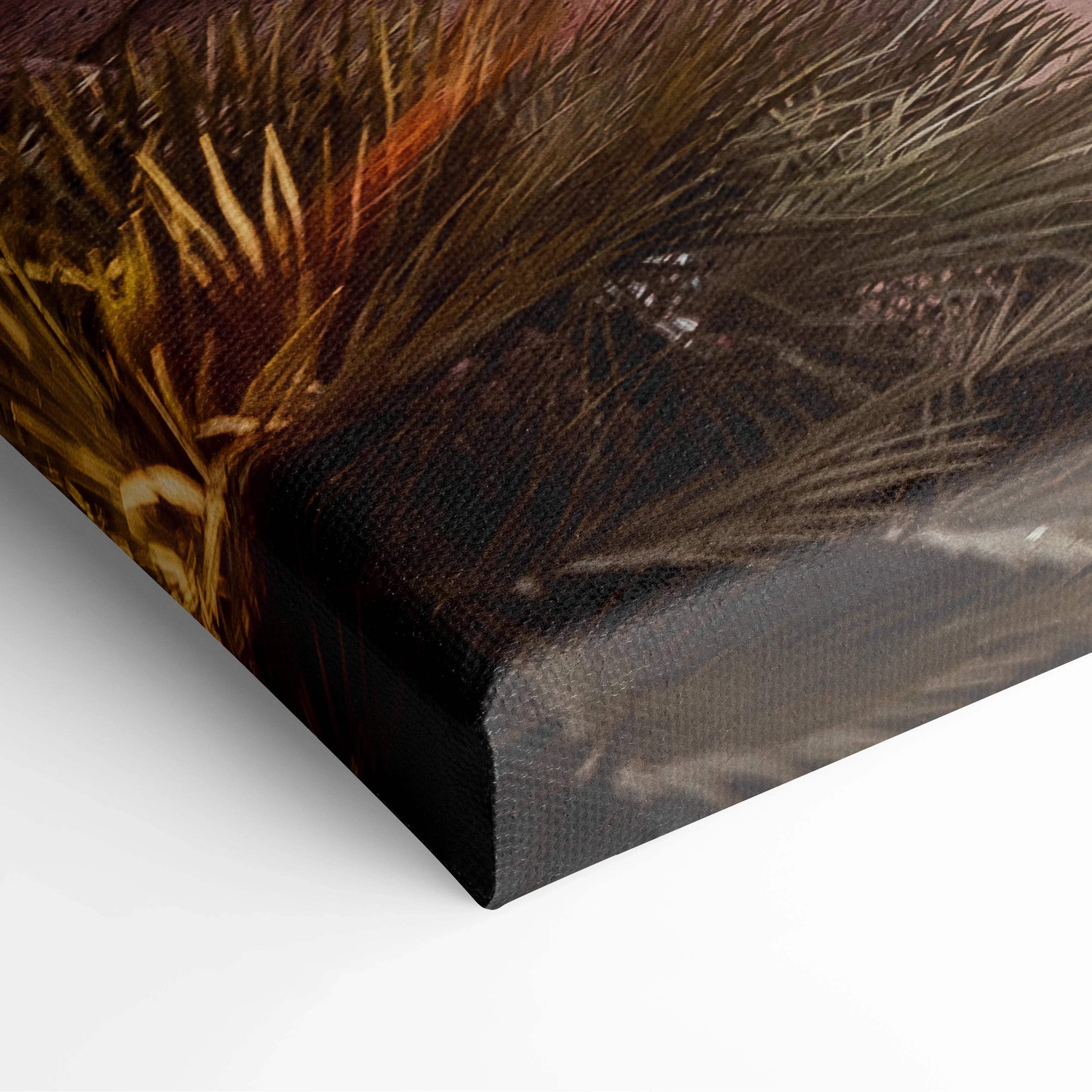 Close-up of canvas wall art corner showing textured weave and dark abstract design with brown and black tones.