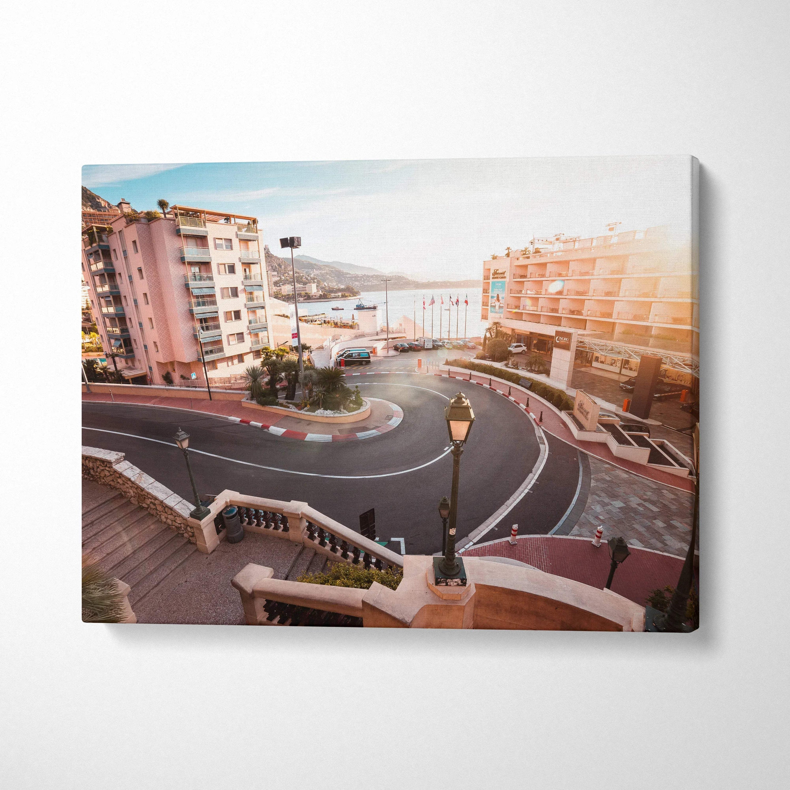 Monaco F1 track hairpin turn canvas art with urban buildings and street lamps wall art.