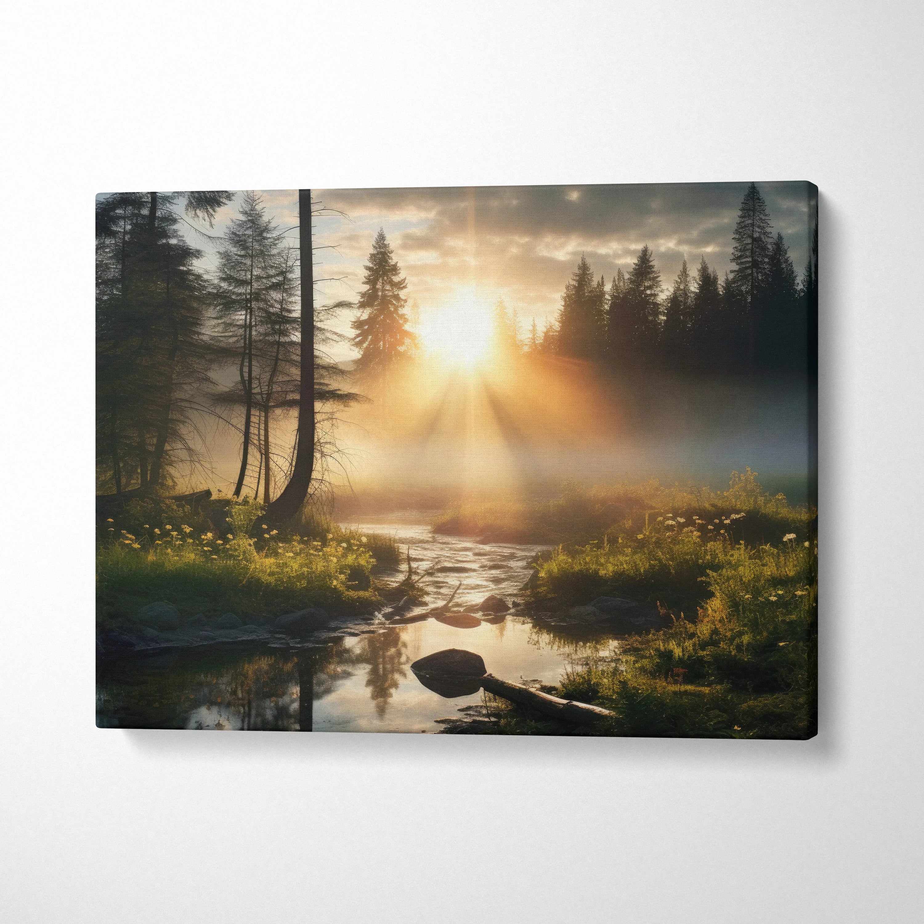 Serene forest morning fog landscape canvas wall art with sun rays and lush greenery decor.