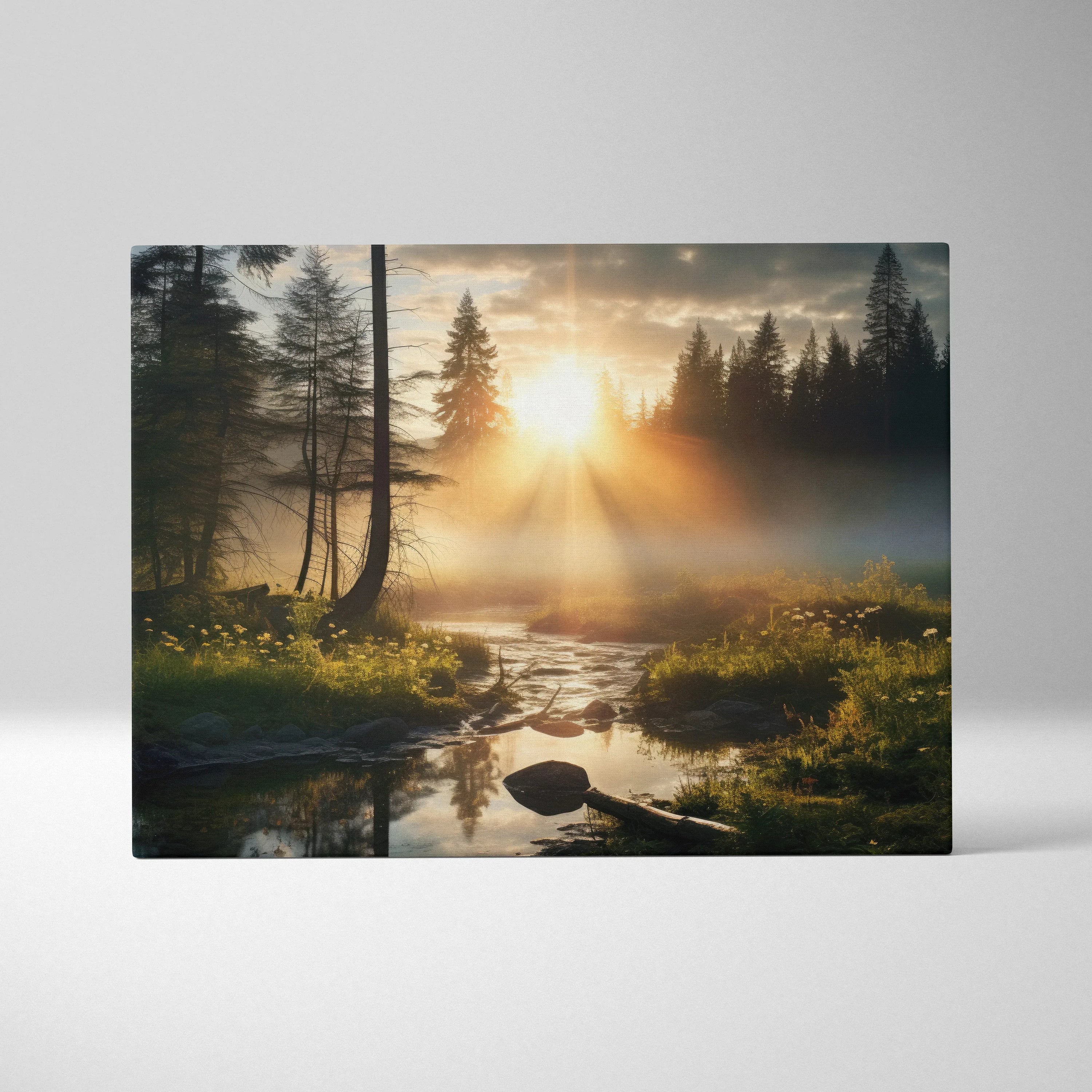 Canvas wall art of serene forest landscape with morning fog and sunlight rays at sunrise.