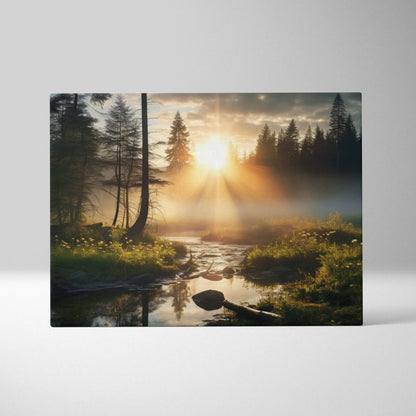 Canvas wall art of serene forest landscape with morning fog and sunlight rays at sunrise.