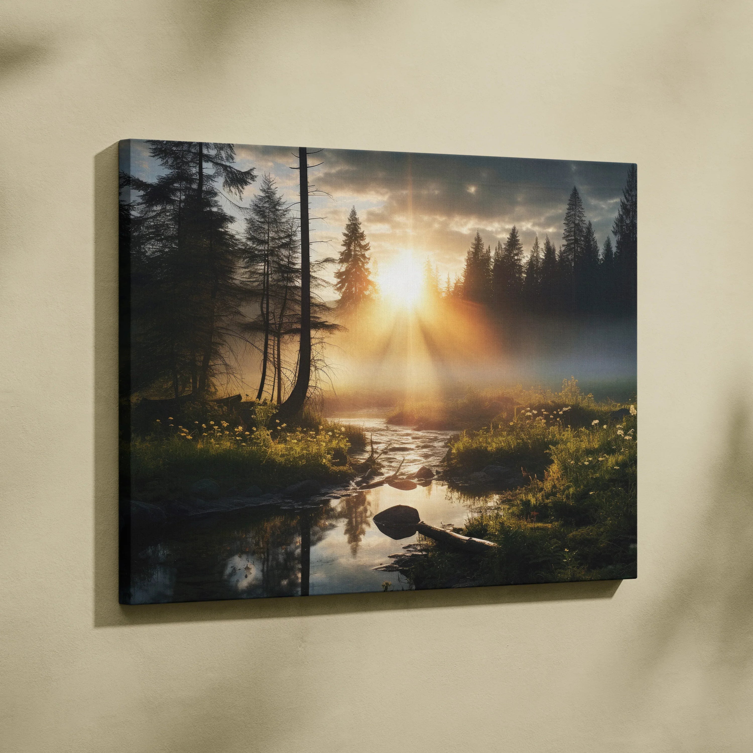 Canvas wall art featuring a serene forest landscape with morning fog and sunlight filtering through trees.