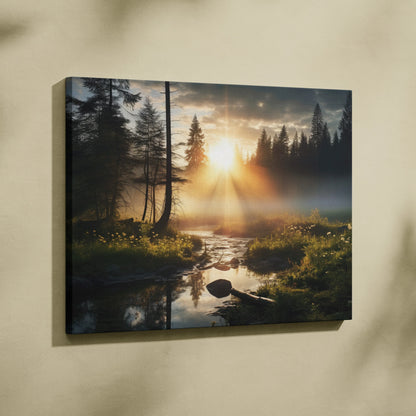Canvas wall art featuring a serene forest landscape with morning fog and sunlight filtering through trees.