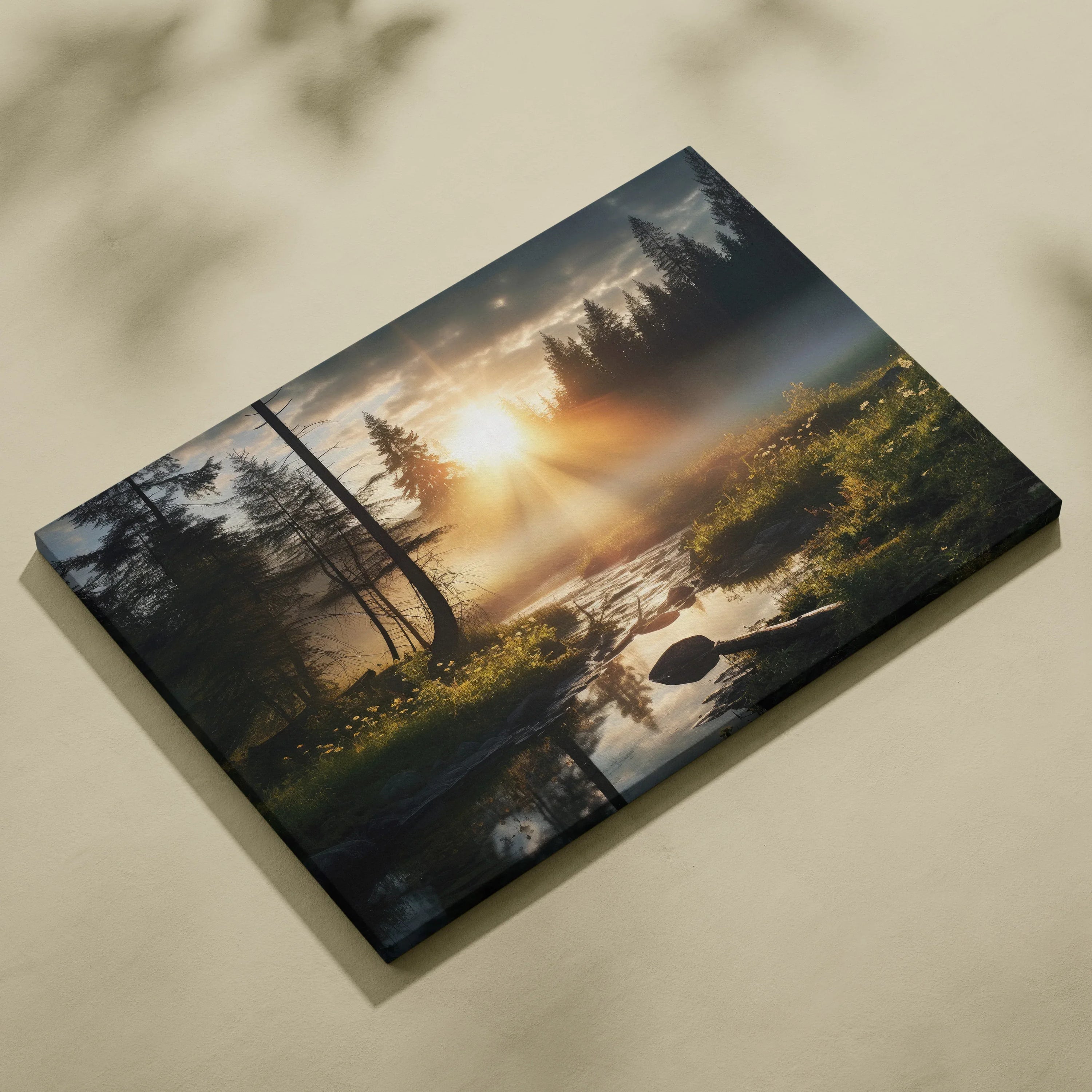 Canvas wall art showing a serene forest with morning fog and sunlight over a calm stream, nature decor.