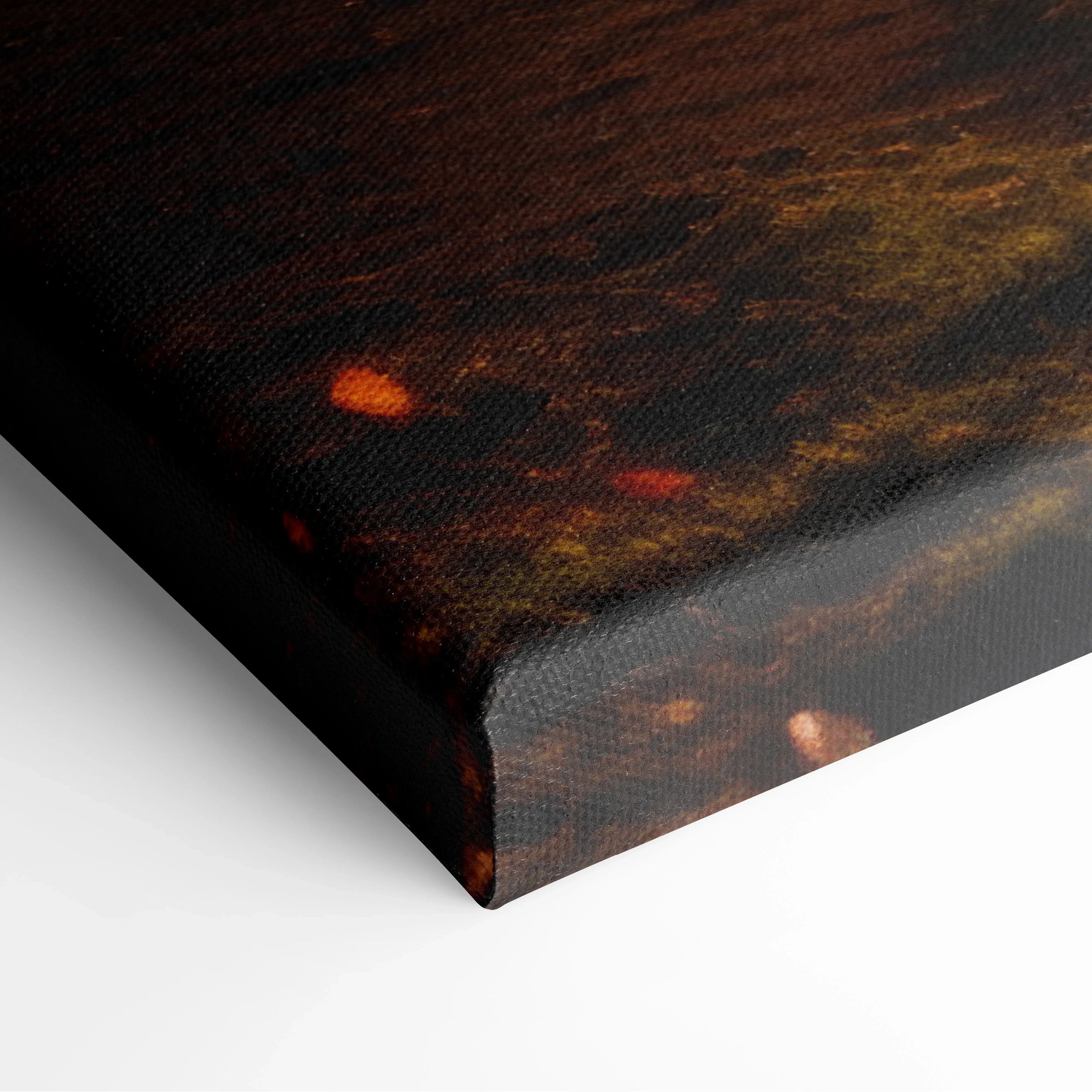 Close-up of autumn forest foggy morning mist canvas wall art corner with rich dark orange and brown tones decor.