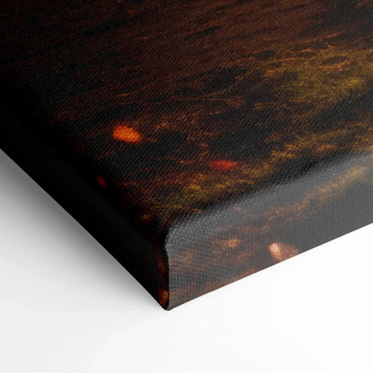 Close-up of autumn forest foggy morning mist canvas wall art corner with rich dark orange and brown tones decor.